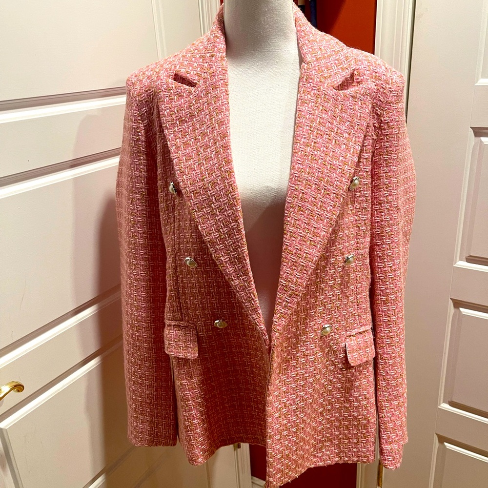 Pink Plaid Gold Thread Double Breasted Pearl Button Blazer Size Med New